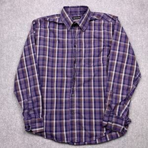 mb studio button up shirt purple plaid cotton long sleeve mens xl